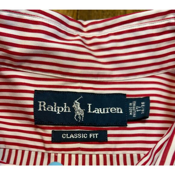 Ralph Lauren Red & White Striped Classic Fit Button Down Shirt 100% Cotton 17/34 - Picture 3 of 9